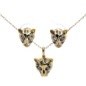 lot 40 image: Diamond Leopard Stud Earrings & Necklace Set in Gold Matching 2-Piece Jewelry Set $1,799 Retail