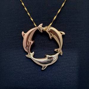 lot 33B image: Jumping Dolphins Eternity Circle Pendant Necklace in 14k Tri-Color Gold VIDEO