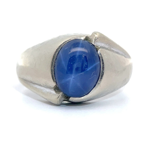 lot 26B image: Mens Blue Star Sapphire Swirl Signet Ring in 14k White Gold VIDEO