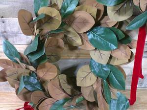 lot 61 image: (set of 2) 24 Magnolia Leaves Wreath with Red Ribbon Threshold w Studio McGee