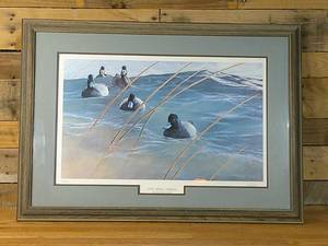 lot 80 image: 35 x 25 Framed Print Wild Waters-Bluebills By Ron Van Gilder-Autographed