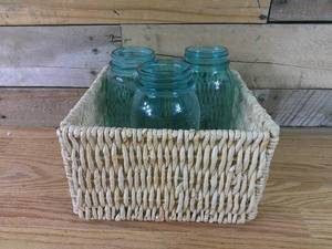 lot 165 image: Set of 3 Ball Blue Glass Mason Jars and 1 Jute Woven Basket