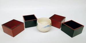 lot 19 image: Vintage Stackable Plastic Boxes with Sake Cup