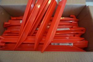 lot 201 image: 24 - Cabin Creek 12 Plastic Tent Stakes With Large Lot of Assorted Pewter Hunting Themed Lapel Pins