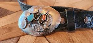 lot 19 image: GORGEOUS Buffalo Nickels & Stones Belt Buckle on Leather Belt 41