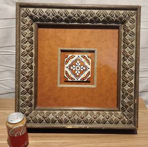 lot 84 image: STATEMENT Piece Southwest Tile  Colors in beautiful carved Wood frame