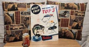 lot 67 image: 2 Woodsy Decor Pillows & Metal Fishing Picture