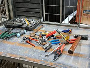 lot 182 image: Lot of  Misc. Hand Tools - Ball Peen Hammer, Adjustable Wrench, Snips, Cutters, Wrenches, Socket Set and more