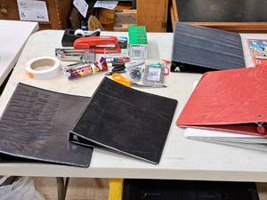 lot 82 image: Lot of  Assorted Office Supplies - Binders, Staplers, Markers, Scissors, Tape Dispenser, Scotch Tape, Staples