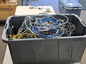 lot 83 image: Assorted Game System Cords, Electronic Connecting Cords, Speakers, Headphones, Microphone with Tote