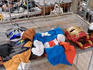 lot 108 image: Lot of (5) Kids Costumes and Masks - Captain America (no mask), Power Range, Iron Man, Riot Police Helmet
