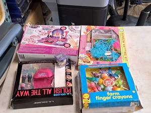 lot 155 image: Assorted Finger Nail Polishes, Crayons, Bath Fizz, Knitting Kit, Hair Chalk