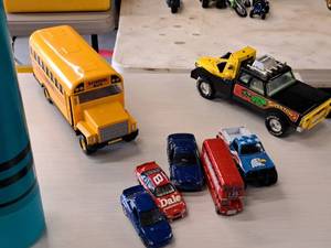 lot 161 image: Lot of (7) Assorted Diecast Metal CarTruck Toys - School Bus, NASCAR #8 Dale Jr, London Bus and more