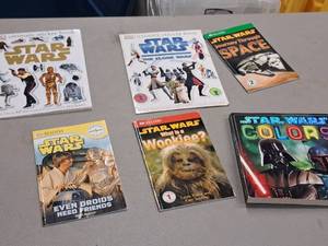 lot 209 image: Lot of (6) Assorted Star Wars Books - What Is a Wookie, Star Wars Colors, Star Wars The Clone Wars, Sticker Book, Journey Through Space