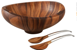 lot 403 image: nambe Butterfly Acacia Wood Salad Bowl with 2 Salad Servers