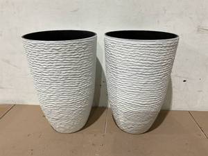 lot 375 image: LOT OF 2 Worth Garden, White Tall Planters - Dia Resin Large Round Flower Pots for Outdoor Plants Trees