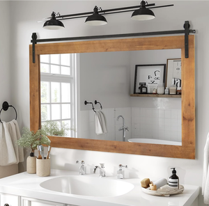 lot 91 image: SeekElegant Farmhouse Wall Mirror, Rustic Wood Framed Wall Mirrors, Barn Door Style