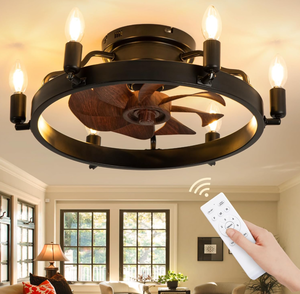 lot 119 image: GESUM Flush Mount Ceiling Fan with Lights, Farmhouse Ceiling Fan with 6 E12 Bulbs