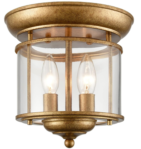 lot 145 image: Rustic Gold Flush Mount Ceiling Light 2-Light Clear Glass Flush Mount Light Antiqued Brass Glass Ceiling Light