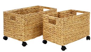 lot 152 image: LOT OF 2 Natural Wicker Rolling Storage Baskets on Wheels w Insert Handle, Under Table Under Desk Storage Bins