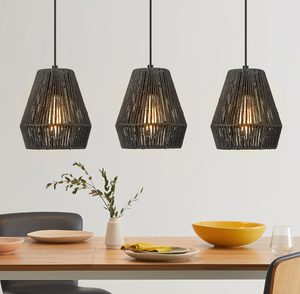 lot 371 image: LOT OF 3 ELYONA Modern Woven Pendant Light Fixtures, 7 Farmhouse Coastal Hanging Lamp, Matte Black Handwoven Rattan Basket Shade