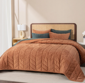 lot 477 image: EVERGRACE 3 Pieces Luxurious Velvet King Quilts, Oversized Bedspread Coverlet for All Season with 2 Shams, Burnt Orange, 108x96