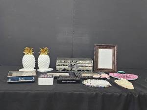 Beautiful Home Decor inc Various Picture Frames, Pineapple Bookends, Mirrored Storage Box, Small Decorative Tray, Doilies, and More