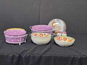 Purple Polka Dot Temp-tations Serving Dishes and Salt and Pepper Shakers, Ceramic Stripe Bowl, 4 Plastic Colorful Threshold Bowls and Doulton International Plate (Children of the World)