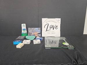 Bathroom Decor, Scale, Various Soaps, Razor Blades and Unopened Mouthwash