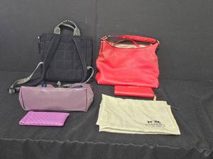 Red Michael Kors Handbag and Wallet, Coach Dust Bag, Black Universal Thread Backpack, Purple Unbranded Purse and Soft Sunglass Case