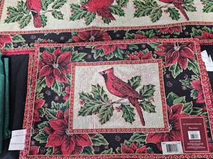 Beautiful Christmas St. Nicholas Square Cardinal Placemats (8) and Table Runner, Green Fringe Cloth Napkins (4)