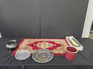 Home Dynamix Rug, Ceramic Pot, Curved Candle, Metal Antiques