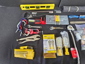 Great Condition Shop Items and Hand Tools inc. Small Level, Socket Set, Hand Saw, File, LED Work Light, Vice Grips, Allen Wrenches, Clamps and More
