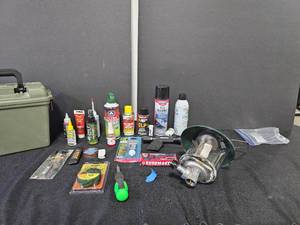Lot of Gun Maintenance Supplies, Case, Coleman Propane Lamp, Brushmaster and much More