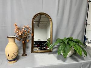 Beautiful Lot of Home Decor - VTG Mirror, Faux Greenery in Vase, Faux Flowers in Tall Vase, Tan Decorative Hand Painted Vase Made in Mexico