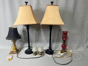 VTG Lamps - Set of Black Lamps with Tan Shade, Set of Small VTG Lamps with Frosted Glass Shade, Pink VTG Oil Lamp Style Electric Lamp, One Gold Colored Base and Black Shade Lamp
