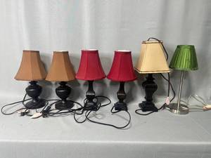 Lot of Lamps, Various Sizes and Styles, Set of 2 with Tan Shades, Set of 2 with Red Shads, Single Base with Tan Shade and Detailed Edging, Silver Colored Base with Green Shade