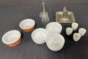 Gorham Co. 0170 Silver Soldered Candle Stick Holder w Handle, 4 Ceramic Sake Glasses Japan, Ceramic Snack Dish, Two Ceramic Dishes in Woven Basket Holders, Glass Bell w Silver Colored Handle, and Silver Colored Candle Stick Holder