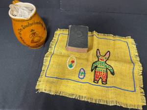 VTG Holy Bible, Woven Religious Tapestry and Hand Painted German Pitcher