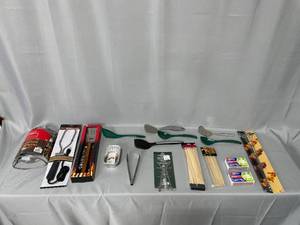 Rib Rack in Pkg, Electrical Charcoal Starter in Pkg, Flip Fork Spatula in Pkg, Tongs, SS Straws, Spatulas, Skewers, ETC