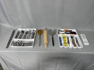 Two Kitchen Drawer Organizers w Assorted Serving PCs, Cambridge Silverware, Tongs, Rolling Pin, ETC