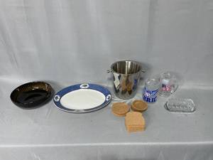 Ice Bucket (no tongs), Newport Pottery Serving Plate (hairline crack on bottom), Serving Bowl, 6 Cork Coasters Bread Shape, 8 Round Cork Coasters, Glass Butter Dish, America & USA Mugs for Freezer
