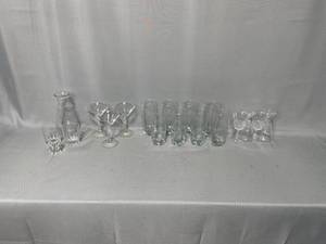 Lot of Glassware Inc 3 Martini Glasses, 1 Shot Glass, 2 Low Balls, Candle, 8 Drinking Glasses, 4 Small Goblets (in pkg), Hurricane Lamp Top