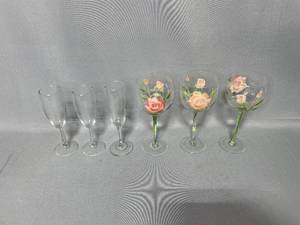3 Hand Painted Floral Wine Glasses & 3 Clear Glass Wine Glasses