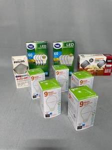Lot of Various Sizes & Wattage LED Lightbulbs & Misc Lightbulbs Inc Colored Bulbs Inc Sylvania Bulbs