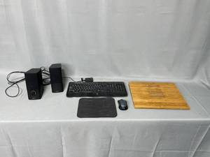 Two Bose 8 Speakers, Logitech Keyboard & Computer Mouse, Keyboard Platform