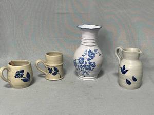 Pottery w Blue Flower Inc 1 Cobalt Salt Glaze Williamsburg Pottery Pot, 1 Vase, 1 Mini Pitcher & 1 Cup
