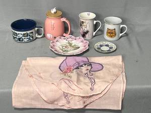 VTG Cat Theme Tea Cups & Mugs, Ardalt Occupied Japan Saucer, VTG Souvenir Minneapolis Plate (Old), Pink Embroidered Runner of Vintage Woman