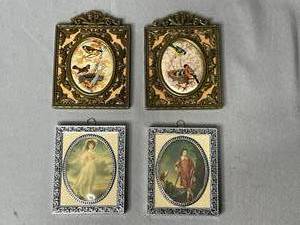 Pair of VTG Ornate Bronze Metal Frame w Silk Bird Print (Italy) 5.5 x 4.5, Replica Prints of VTG Victorian Pink Girl & Boy w Cane & Dog 4.5 x 4.5