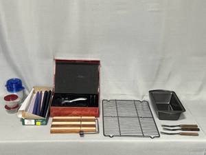 Lot of Kitchenware, Box of Tapered Candles, Corkscrew, Cheese Cutter, Meat Loaf Pan,3 Prong Forks, Cooking Rack, ETC